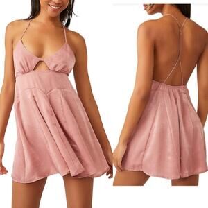 Free People Pink Rose Satin Good Catch Mini Babydoll Slip Dress Sz Medium Flowy